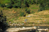 Terraced fields on laundry day along a river, Nepal