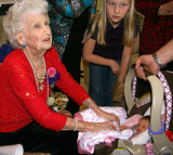 Nonie meeting Bailey (her 10 day old great great granddaughter) with Kara, her great granddaughter