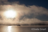 Turneresque yacht in dawn mist in Bay of Islands, New Zealand