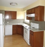 Renovated kitchen with new dishwasher, cabinets, granite countertops, and tile backsplash