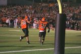 shirmann celebrates with davis in front of the large homecoming crowd