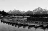 Colter Bay Marina at Sunset with Canoes Black and White.jpg