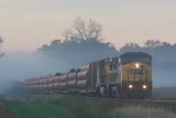 A NB pipe train passes through the morning fog. This is a train that CSX is operating for Union Pacific, and will return the train to St. Louis. The empty SB version of this train is K591.