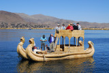 Deluxe reed boat arriving, Uros Islands, Lake Titicaca