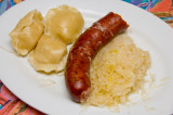 kielbasa, pierogies and saurekraut