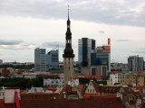 City hall spire with Tallinns modern towers