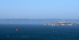 Alcatraz from car on Golden Gate Bridge