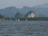 View up river to the limestone cliffs at Krabi