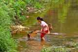 1212 Young girl netting fish in the main village steam.