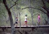 Three children on a boardwalk