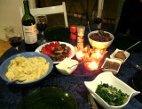 potatoes with mild manchego, stuffed mushrooms and peppers, sauteed spinach, boeuf bourguignon