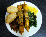 mexican style sayten shish kabab with sauteed mushrooms & onions and spinach