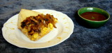 saturday breakfast sandwich with bowl of aztec chocolate