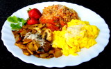pico de gallo rice, scrambled eggs, sauteed mushrooms & onions & pico de gallo (day old)