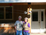 Becky & Elaine pose under the Texas birdhouse and feeder ....  we think of them everytime we walk into the house :-)