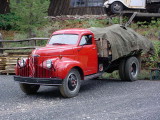 red truck in parking lot