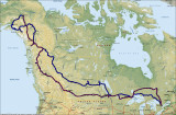Trip map from GPS logs: blue-out, maroon-return
