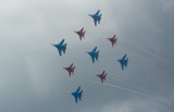 joint flight: MIG-29 x 4 fighters Strizhi (The Swifts) and Sukhoi SU-27 x 5 fighters The Russian Knights