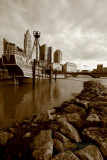 Downtown Columbus, Ohio with full-sized replica of the Santa Maria in forefront