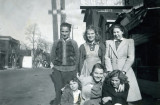 Mary, Marian, Elinora and 3 unidentified people in front of Macs Lunch in Iroquois