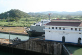 Here, the Chinese cargo ship is passing through the Miraflores Locks.