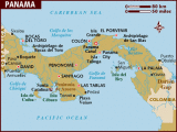 Map of Panama with the star indicating the location of the Chocoe-Embera Indians on Alajuela Lake in Chagres National Park.
