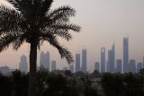 Sheikh Zayed Road at dusk with a palm tree silhouette