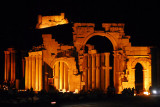 Monumental Archway, Colonnade and Arab Citadel, Palmyra, at night
