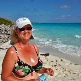 Jill on beach, oceanside, at Shroud Cay