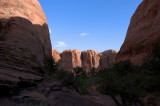 Corridor between sandstone fins frames Negro Bill Canyon