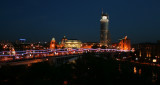 People gather on the bridge to watch fireworks at Kremlin