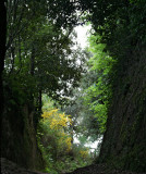 The exit of a tufa cave between two carved out walls