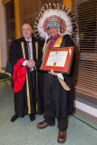 University of Sudbury President Pierre Zundel with Edmund Metatawabin after doctorate awarded.