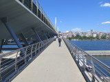 Istanbul walking across Golden Horn metro bridge 