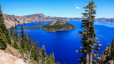 The Devils Backbone (black rock formation), Llao Rock and Wizard Island in Crater Lake National Park