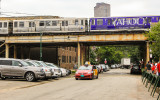 The L train crossing over Waveland Avenue