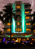 The Winter Haven Hotel along Ocean Drive at dusk on South Beach