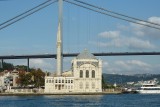 Ortakoy mosque under the bridge from Bosporus cruise