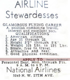 1950s or early 1960s - National Airlines newspaper advertisement for stewardesses