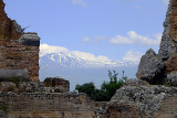 Mt. Etna from Teatro Greco, Taormina, Sicily, Italy.