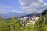 Panorama of Castelmola and Mt. Etna, from Teatro Greco, Taormina, Sicily, Italy.