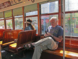 Elliott on a trolley on St. Charles Avenue in New Orleans - going to the French Quarter from our hotel, the Clarion