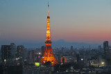 Close-up night view of the Tokyo Tower as seen from the Park Hotel where we stayed. Mt. Fuji is in the background