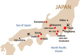 Major stops during our trip are marked with red circles. Entry/departure points to/from Japan are marked with airplane icons.