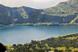 View from a Hakone Ropeway cable car of Lake Ashi and the pirate ship we took to the Togendai Station