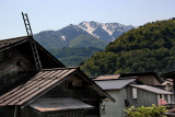 Snow capped mountain behind the Gassho-zukuri Village in Shirakawa-go