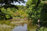 Bridge (in background) to the Bentenjima Islet in the Kyoyochi Pond at the Ryoanji Temple in Kyoto