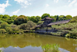 Roofed bridge (Taihei-kaku) over a pond at the garden of the Heian-jingu Shrine in Kyoto