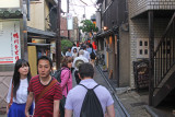 Judy in the pink shirt on Pontocho Alley next to the Kamo River in Kyoto - one of the most atmospheric streets we saw in Japan