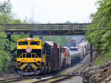 Northbound 142 rolls under the old wooden bridge at North Wye